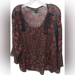 Torrid Red & Black Floral Sheer Blouse Plus Size 4